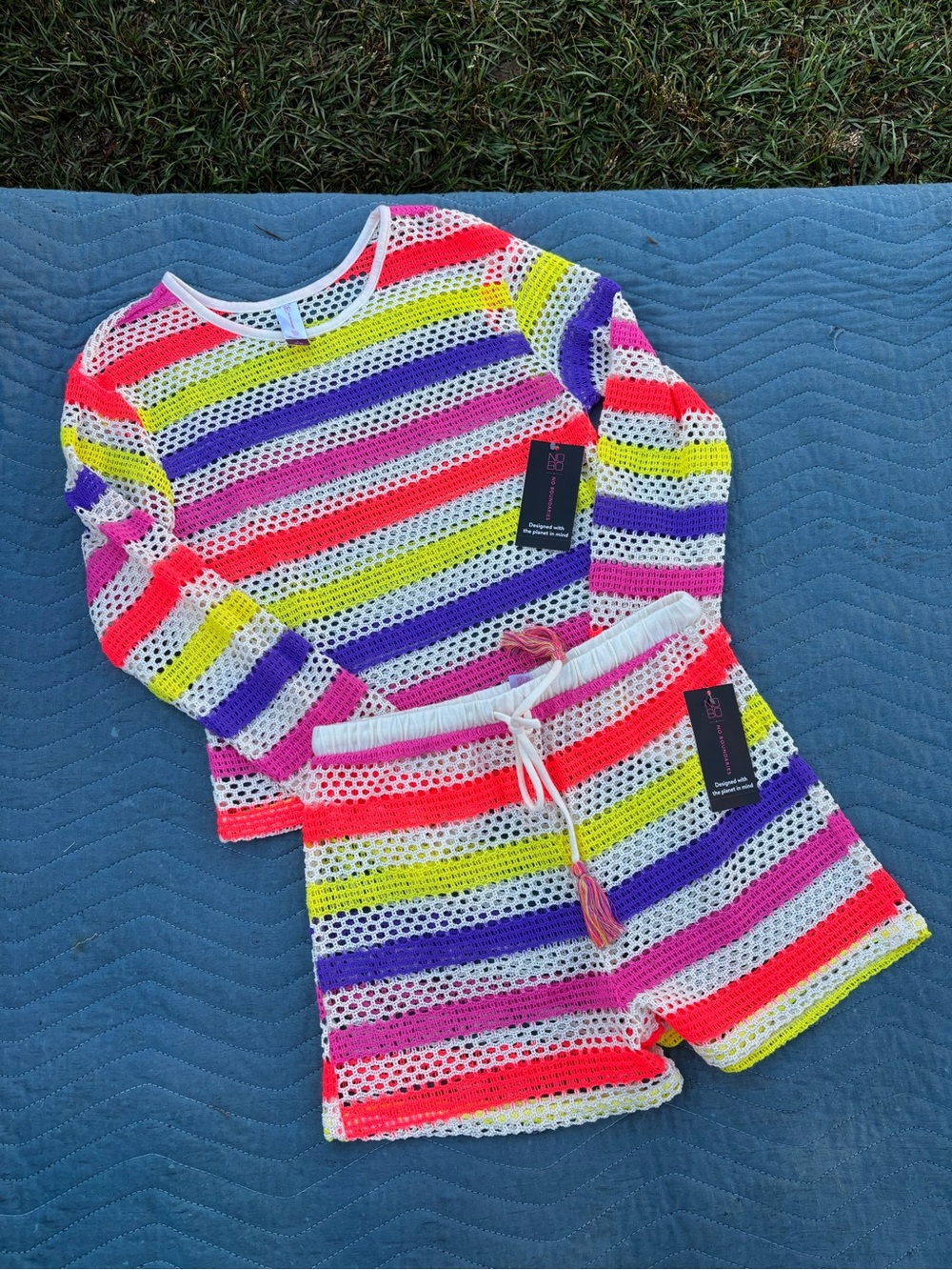 Rainbow Stripe Crochet Cover Up Set - White & Multi